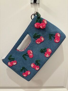 NWT Made in India Beaded Cherry Denim Clutch w/charm